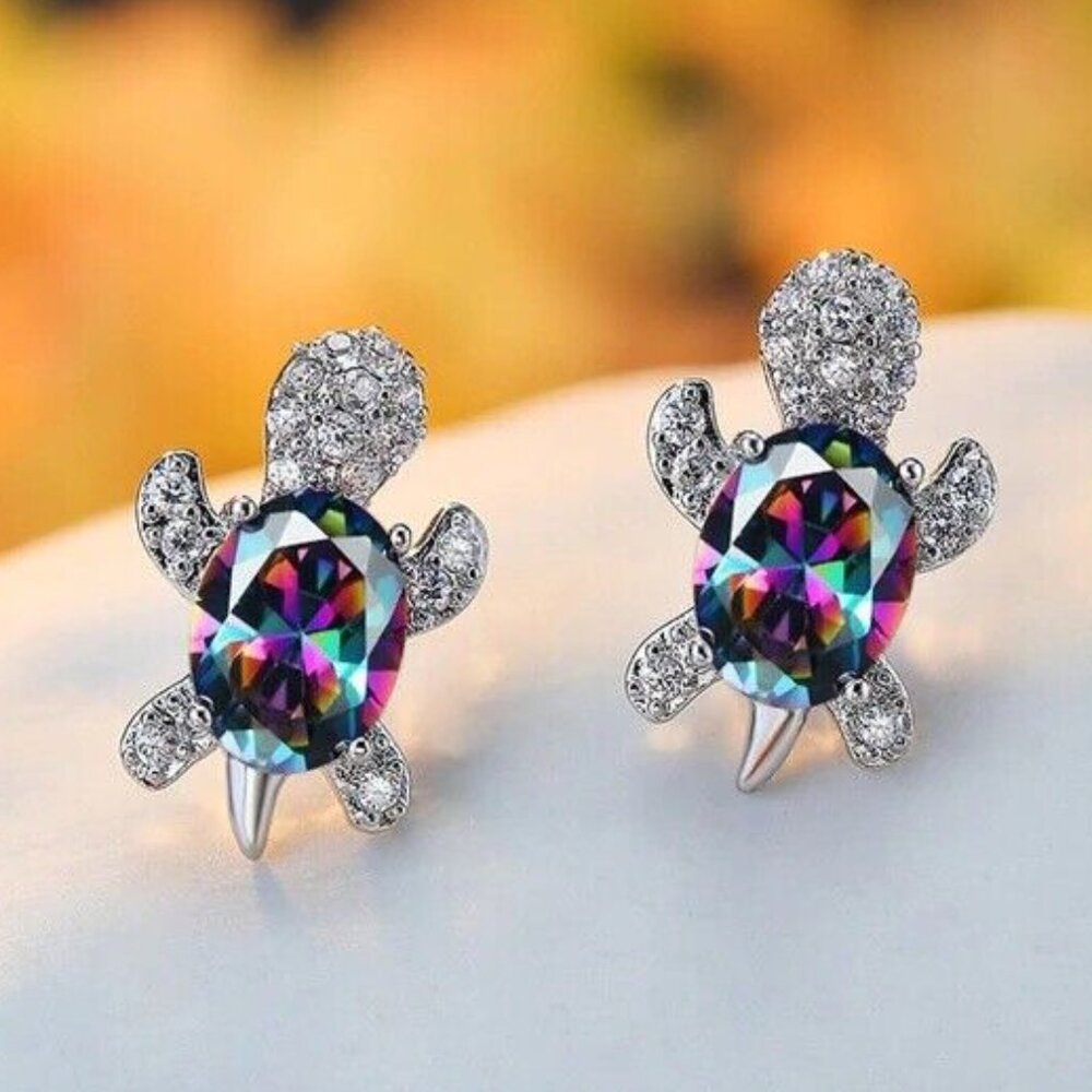 Turtle Earrings~Rainbow~Silver & Cubic Zirconia